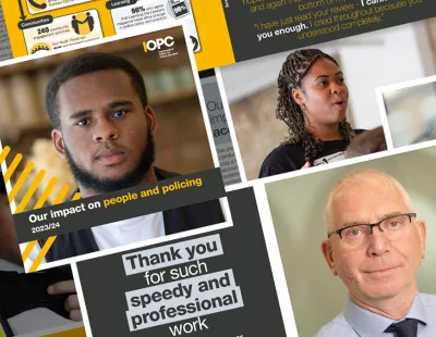 Our impact on people and policing 2023/24 A range of images and quotes of people IOPC have supported and interacted with, overlayed as a tilted collage.  The images include stakeholders and youth panel members from various backgrounds. The quote shown reads "Thank you for such speedy and professional work"
