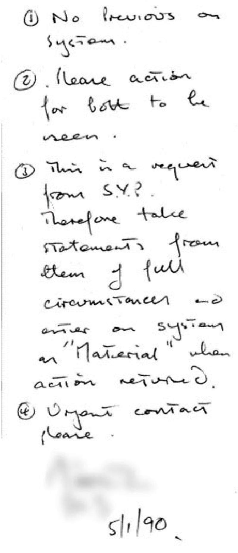 Note from D Ch Supt Foster on 5 January 1990