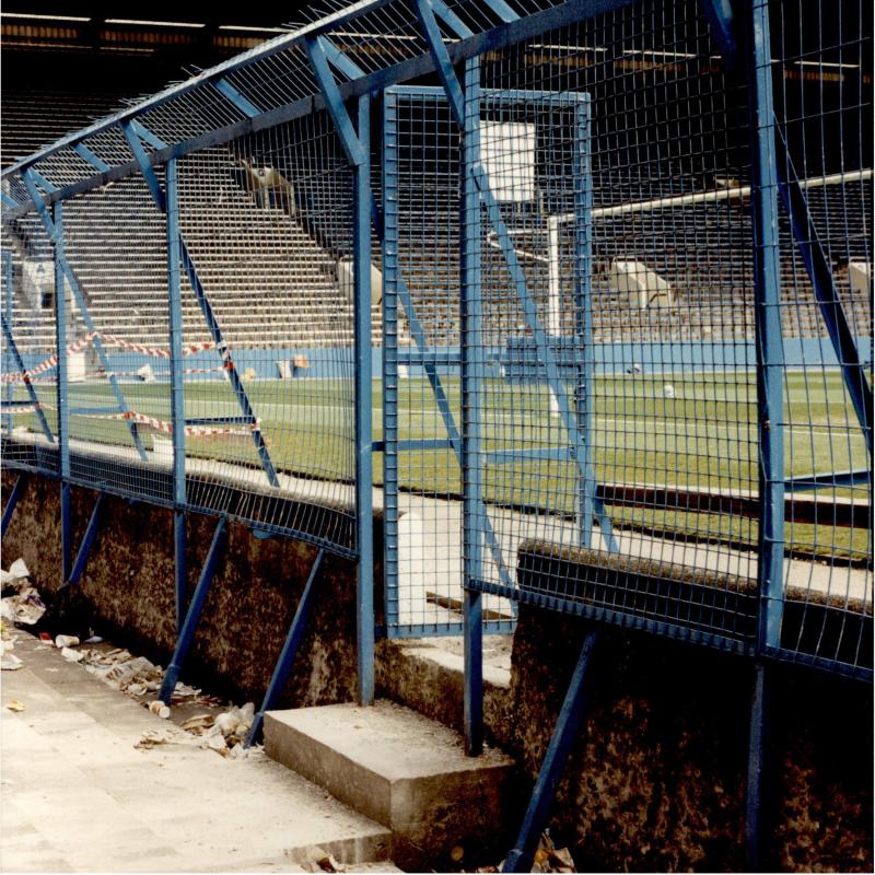 View of perimeter gate and perimeter fence from Pen 3 at Hillsborough Stadium