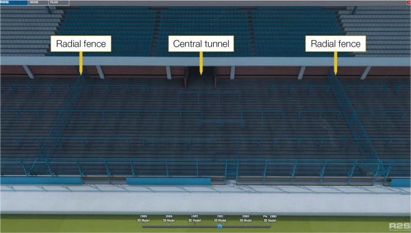 Model of the West Terrace layout in Hillsborough Stadium in 1981, following the installation of two radial fences