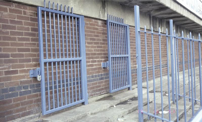 Open gates at the back of one of the radial fences, in the pens at Hillsborough Stadium