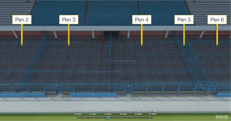 Digital reconstruction of the West Terrace layout at Hillsborough Stadium in 1985, following the installation of two further radial fences 