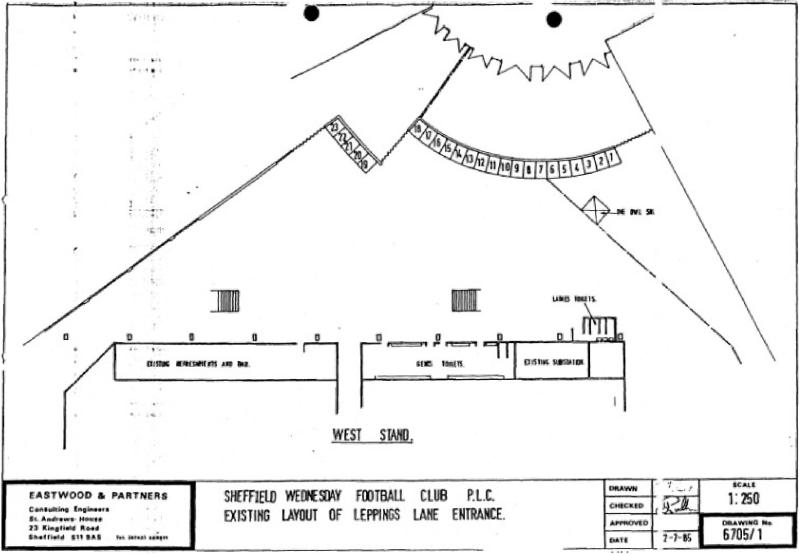 Drawing of Leppings Lane entrance layout at Hillsborough Stadium as it was in 1985