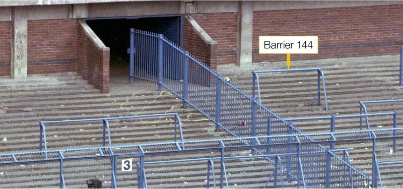 The location of barrier 144 and the central tunnel in Hillsborough Stadium, April 1989