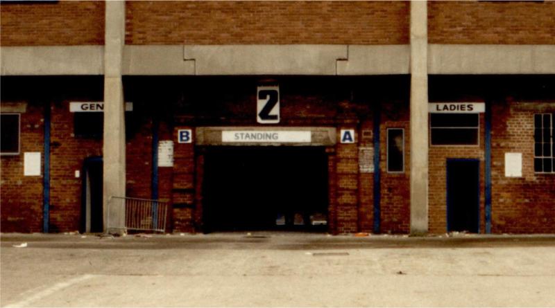 The inner concourse of the Leppings Lane end at Hillsborough Stadium, as viewed from Gate C, in 1989
