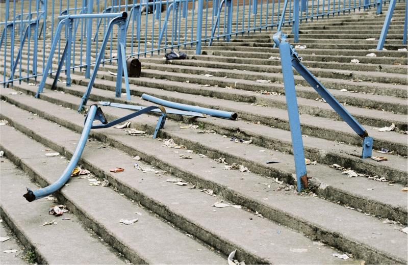 Photograph of the broken crush barrier at Hillsborough Stadium, taken in the aftermath of the disaster