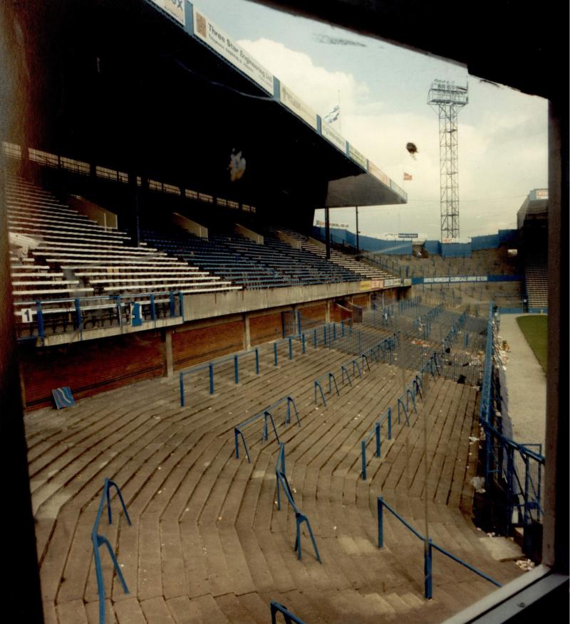 View of the West Terrace at Hillsborough Stadium from the PCB in 1989