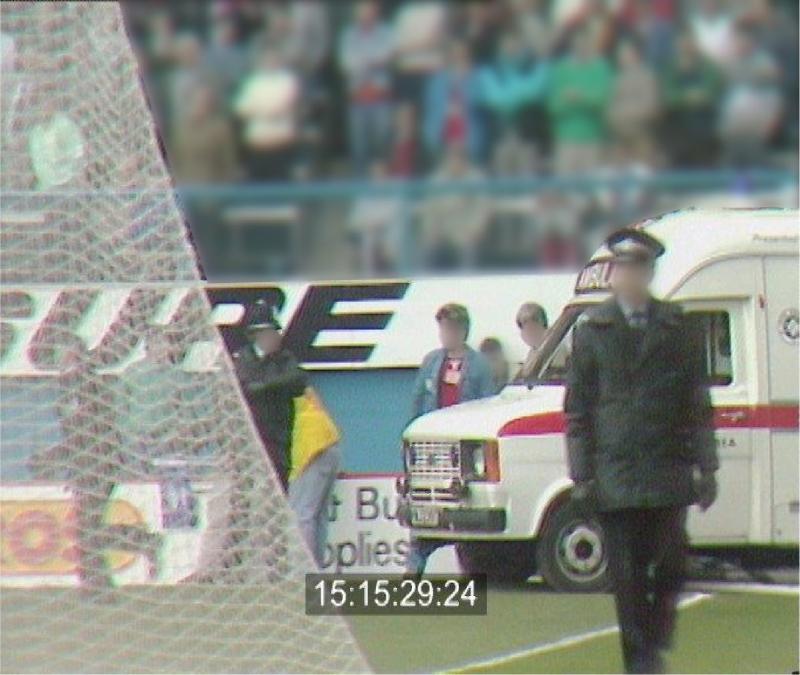 The SJA ambulance arriving on the pitch at Hillsborough Stadium