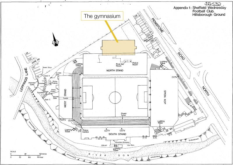 Map of Hillsborough Stadium showing the location of the gymnasium