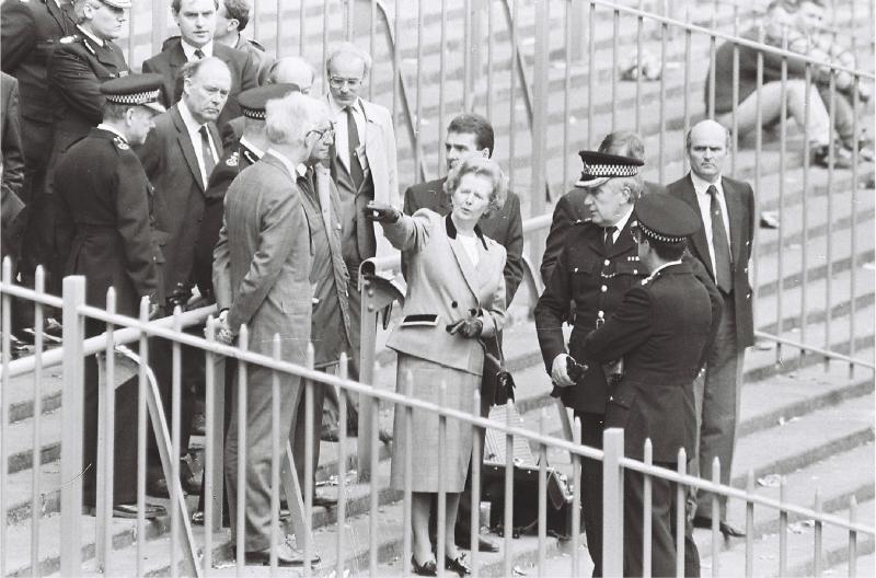 Prime Minister, Margaret Thatcher, visiting the terraces in Hillsborough Stadium on Sunday 16 April 1989