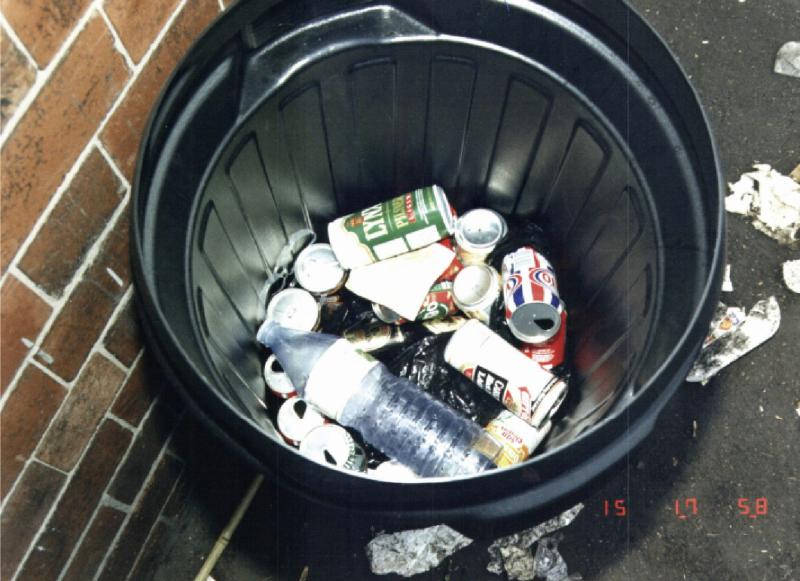 Litter in a bin outside Hillsborough Stadium at 17.58 on 15 April 1989
