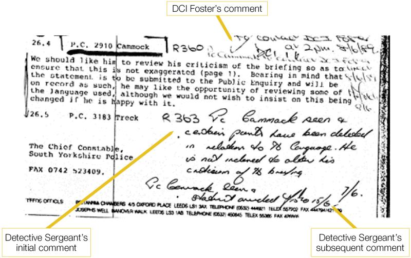 Notes made by SYP officers regarding the amendment of PC Cammock’s account