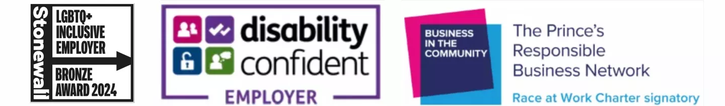 Logos 'Stonewall LGBTQ+ inclusive employer bronze award 2024', 'Disability confident employer' and 'Race at work charter signatory Prince's responsible business network'
